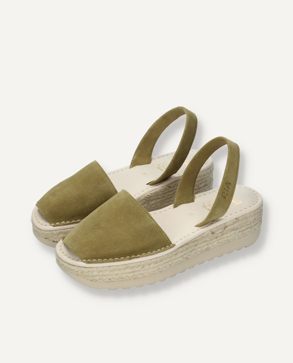 Menorquinas de mujer en piel de ante con plataforma de yute - Ria Menorca - Verde militar Verde militar-2