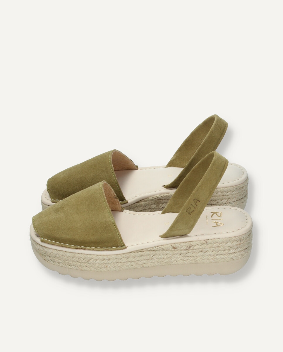 Menorquinas de mujer en piel de ante con plataforma de yute - Ria Menorca - Verde militar Verde militar-4