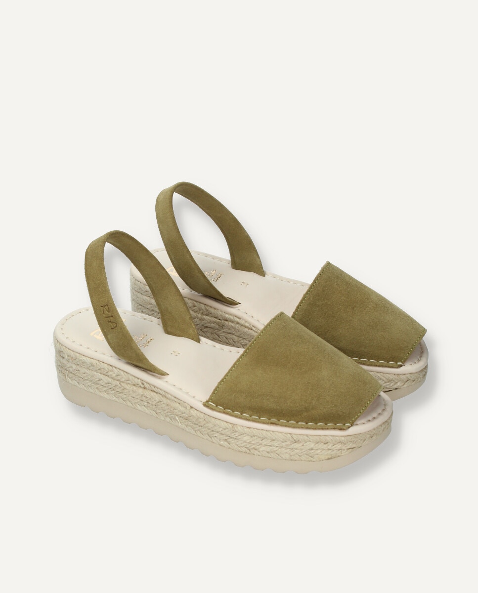 Menorquinas de mujer en piel de ante con plataforma de yute - Ria Menorca - Verde militar Verde militar-6