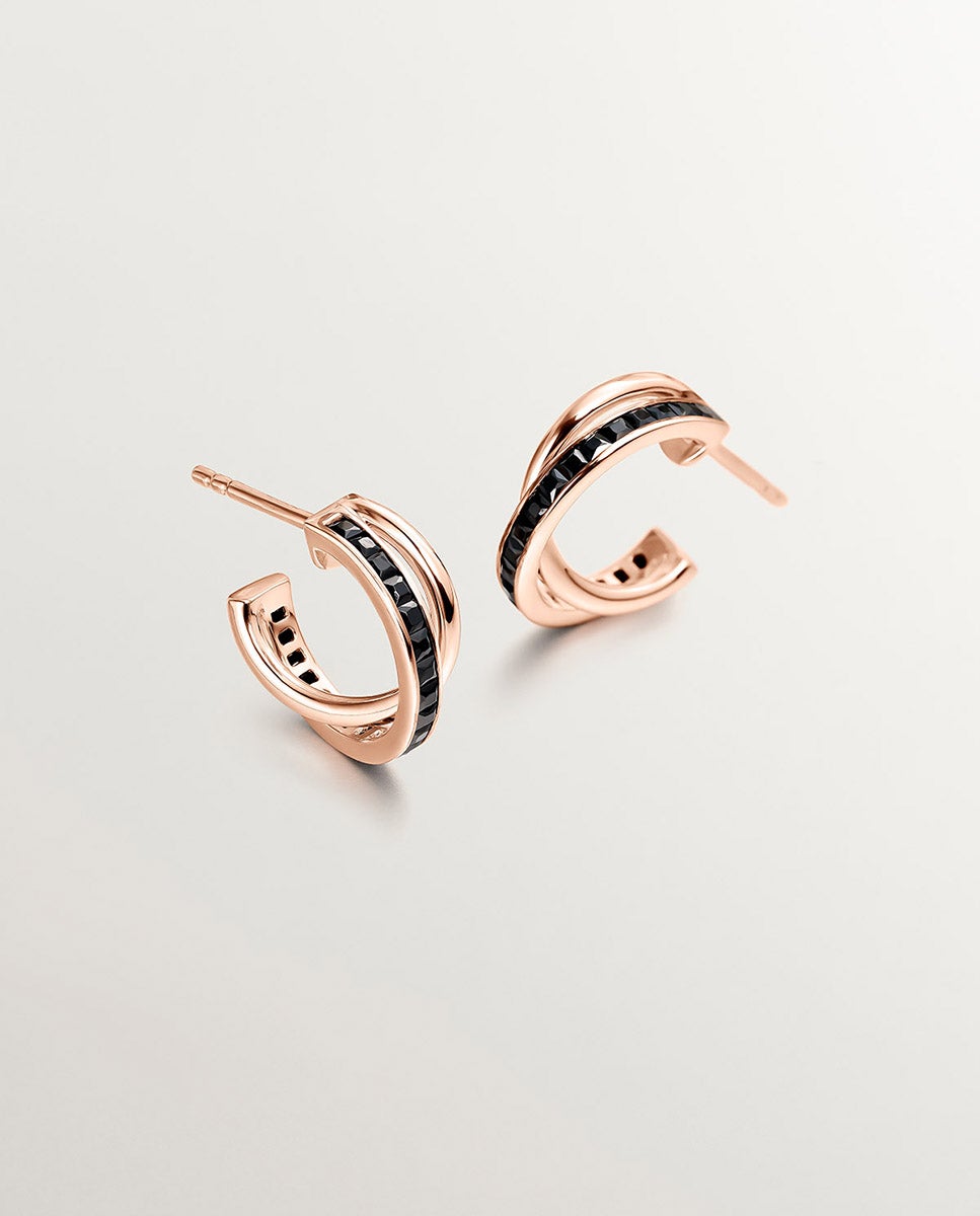 Pendientes de aro doble de plata 925 bañada en oro rosa de 18K con espinelas negras Negro Aristocrazy Negro-1