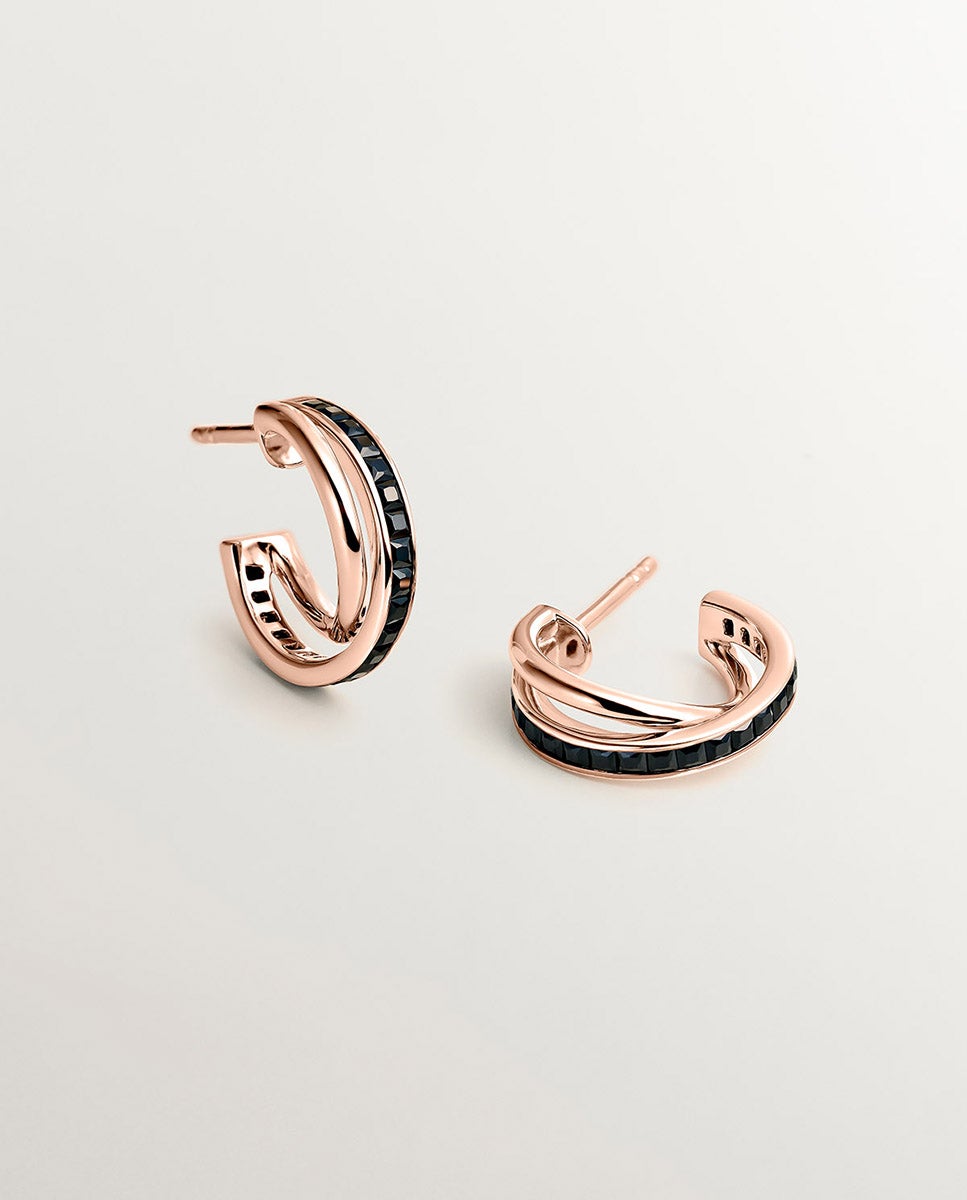Pendientes de aro doble de plata 925 bañada en oro rosa de 18K con espinelas negras Negro Aristocrazy Negro-3