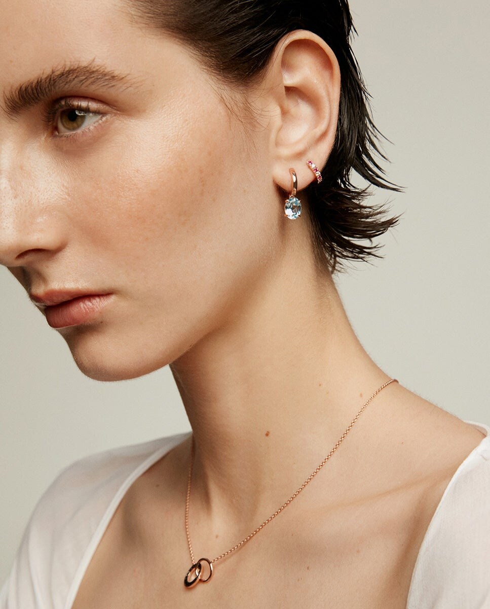 Pendientes de plata bañada en oro rosa de 18K con topacio azul sky Azul-6