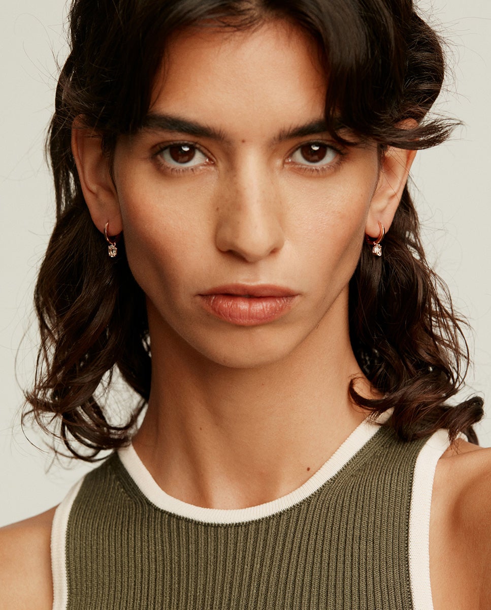 Pendientes de aro pequeños de plata 925 bañada en oro rosa de 18k con cuarzo - Aristocrazy - Verde Verde-4