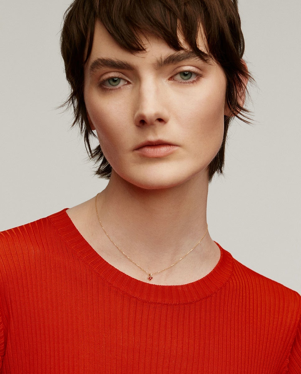 Colgante de oro amarillo de 9k con trébol de rubíes rojos y diamantes - Aristocrazy - Rojo Rojo-4