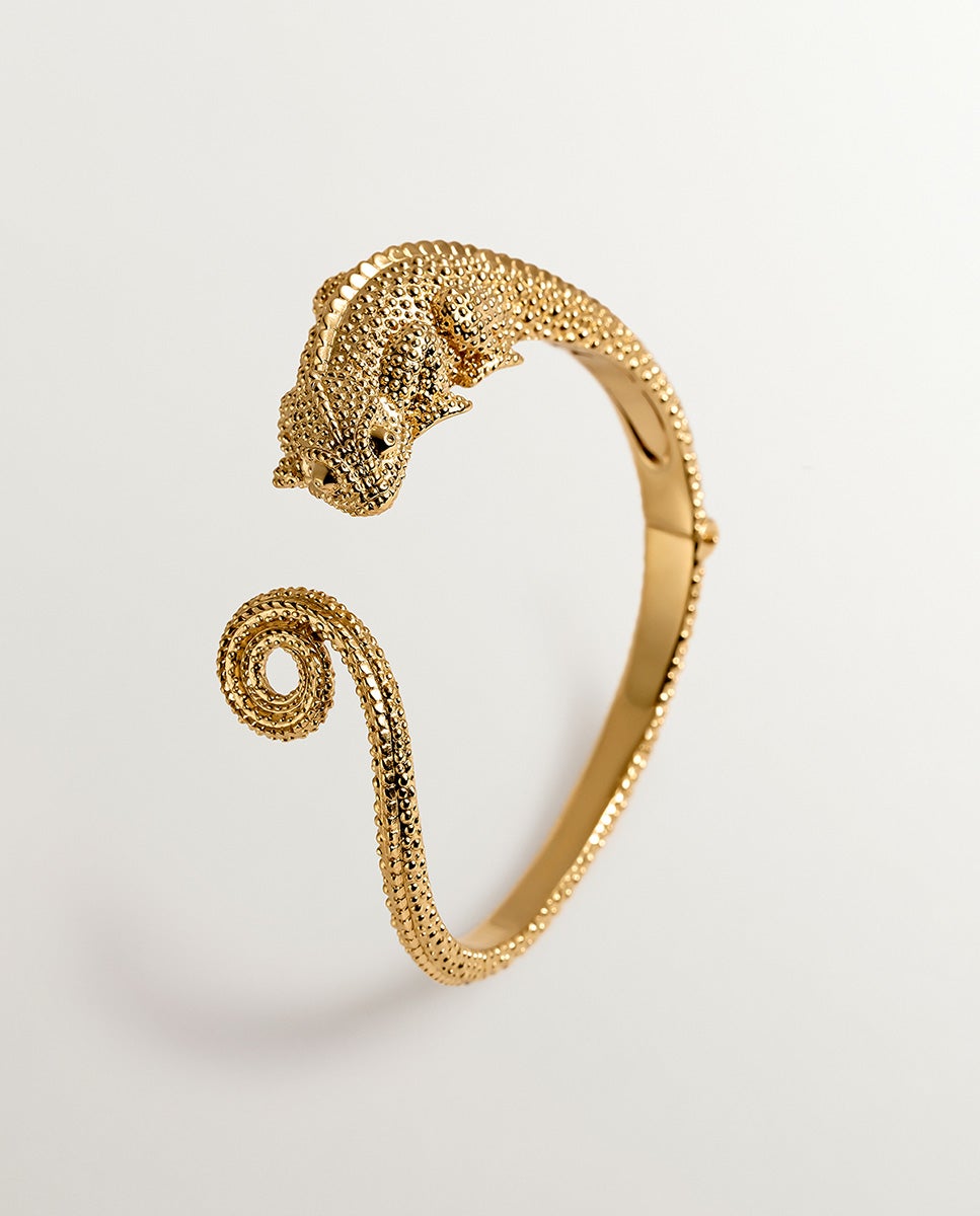 Pulsera rígida de plata 925 bañada en oro amarillo de 18k con forma de camaleón