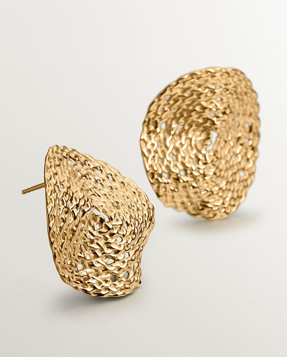 Pendientes grandes de plata bañada en oro amarillo de 18K con textura de mimbre Oro-5