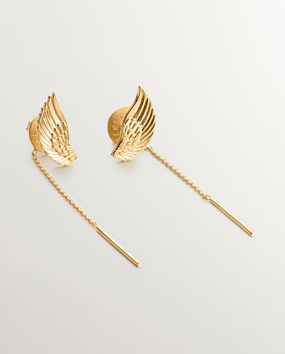 Imagen 0 de Pendientes largos de plata 925 bañada en oro amarillo de 18k con alas Oro