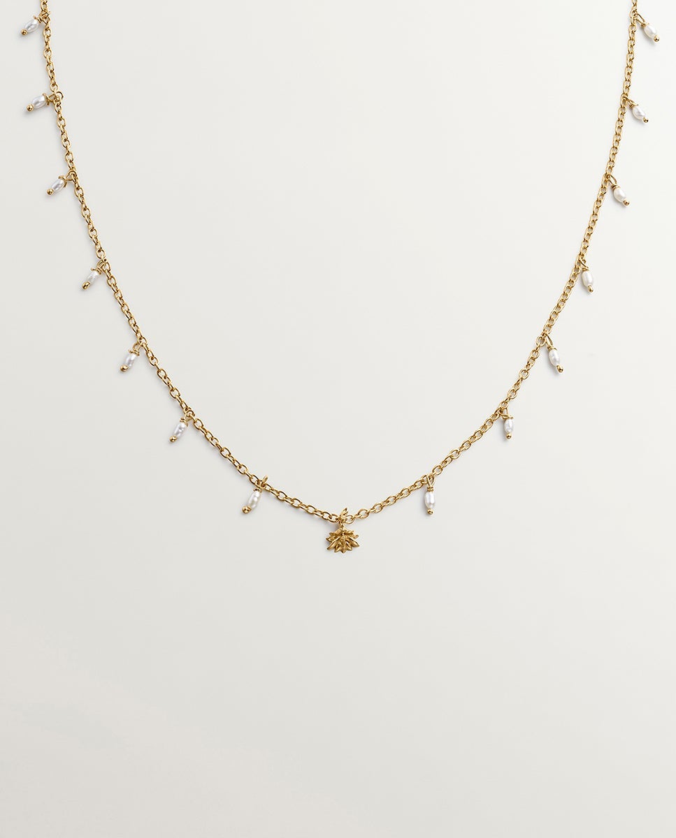Imagen 0 de Cadena con colgante de plata 925 bañada en oro amarillo de 18k con perlas de río y flor de loto Blanco