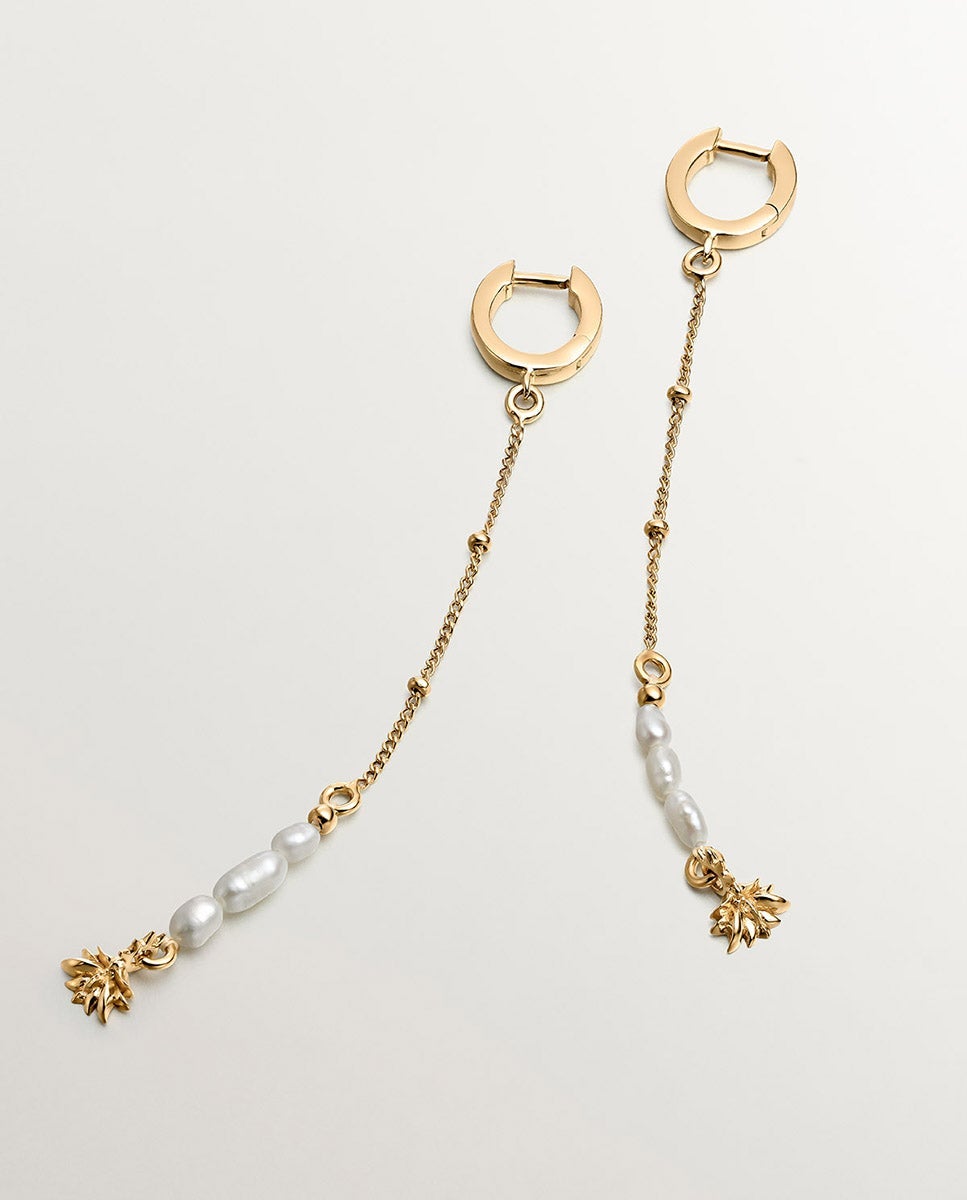 Pendientes de aro de plata 925 bañada en oro amarillo de 18k con colgante de perlas y flor de loto