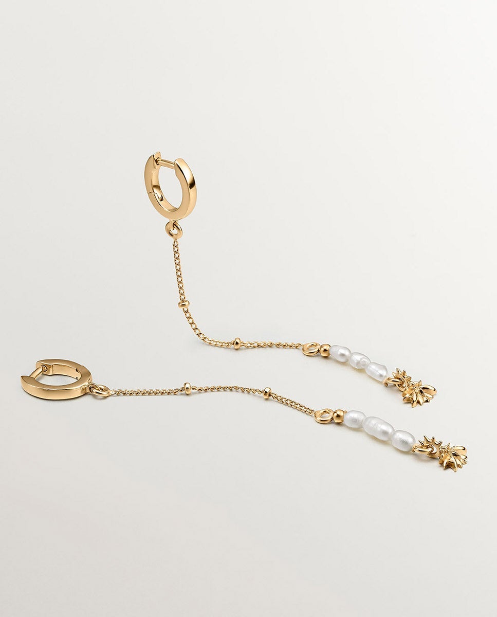 Pendientes de aro de plata 925 bañada en oro amarillo de 18k con colgante de perlas y flor de loto - Aristocrazy - Blanco Blanco-5