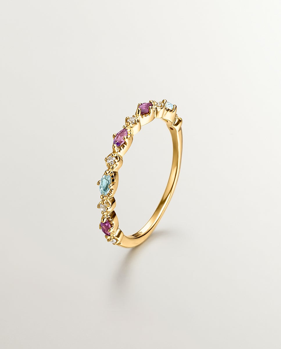 Anillo de plata 925 bañada en oro amarillo de 18k con topacios, rodolitas y amatista