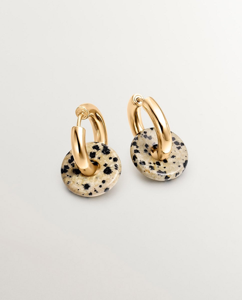 Pendientes de aro mediano de plata 925 bañada en oro amarillo de 18k con jaspe dálmata - Aristocrazy - Marrón Marrón-1