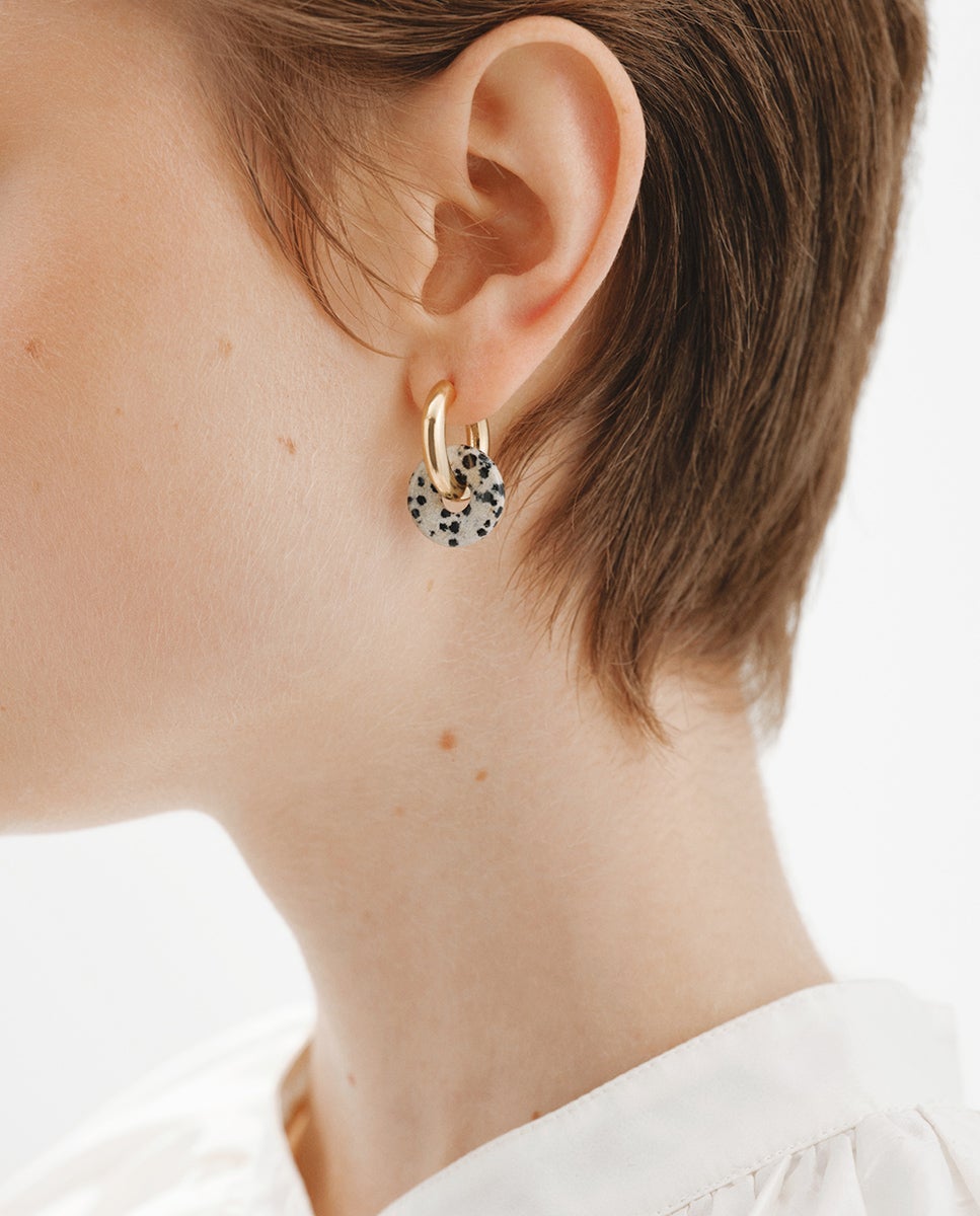 Pendientes de aro mediano de plata 925 bañada en oro amarillo de 18k con jaspe dálmata - Aristocrazy - Marrón Marrón-2
