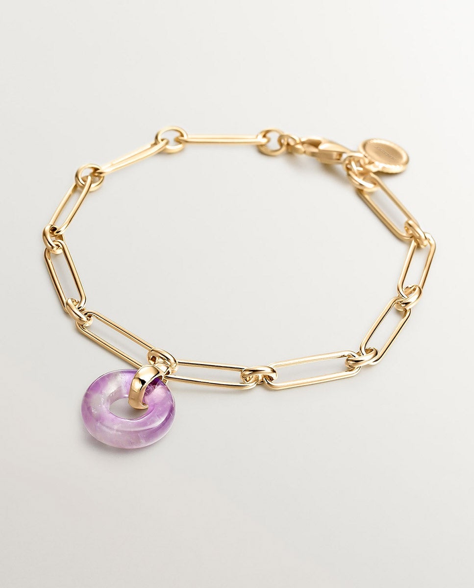 Imagen 0 de Pulsera de eslabones de plata 925 bañada en oro amarillo de 18k con amatista morada Morado