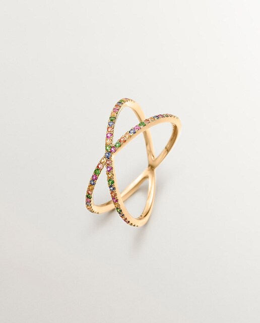 Imagen 0 de Anillo doble cruzado de oro amarillo de 9K con tsavoritas y zafiros multicolor