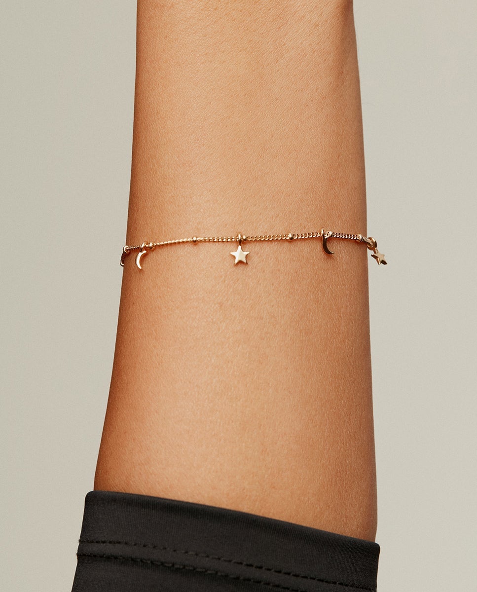 Pulsera de cadena de plata 925 bañada en oro amarillo de 18k con lunas y estrellas - Aristocrazy - Dorado Dorado-2