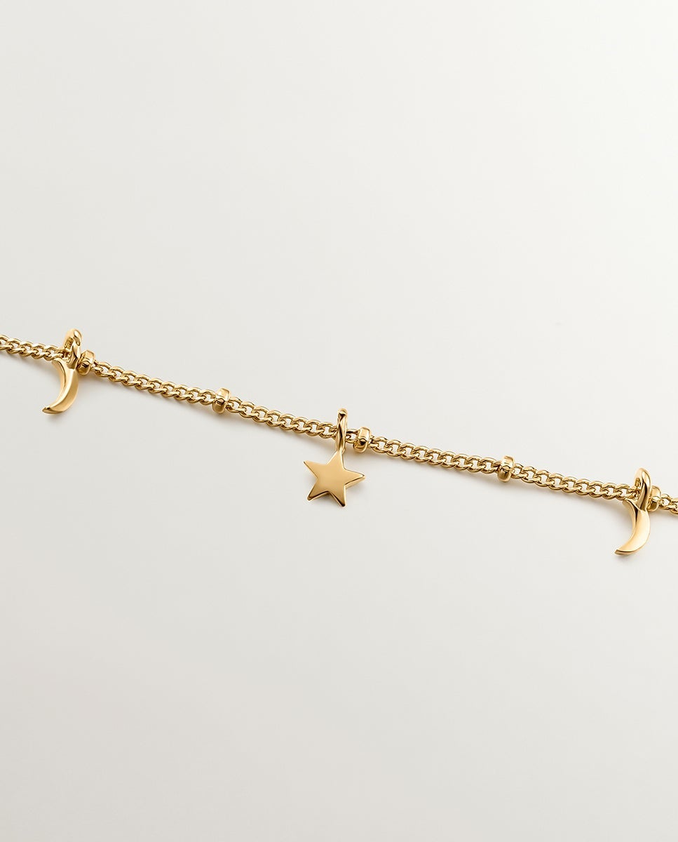 Pulsera de cadena de plata 925 bañada en oro amarillo de 18k con lunas y estrellas - Aristocrazy - Dorado Dorado-4