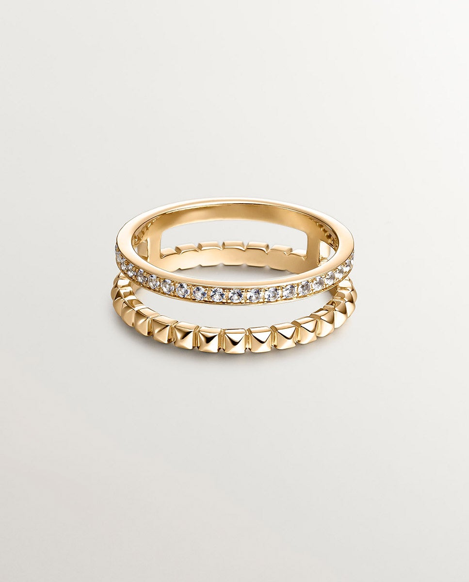 Anillo doble de plata 925 bañada en oro amarillo de 18K con relieve y topacios blancos Blanco Aristocrazy Blanco-3