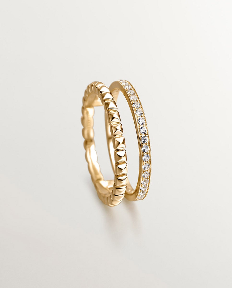 Anillo doble de plata 925 bañada en oro amarillo de 18K con relieve y topacios blancos Blanco Aristocrazy Blanco-5