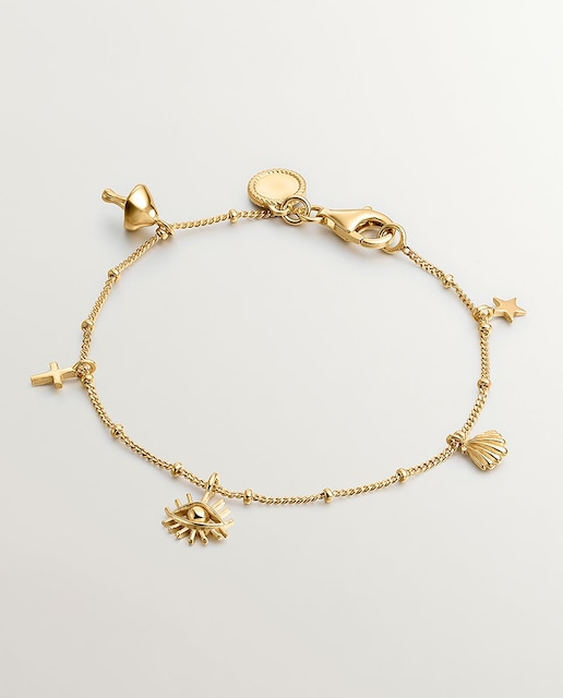 Imagen 0 de Pulsera de plata 925 bañada en oro amarillo de 18K con motivos de seta, cruz, ojo, concha y estrella