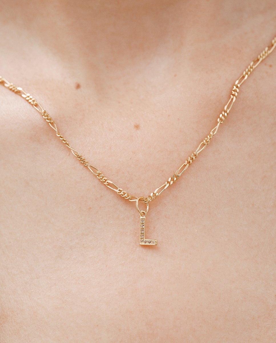 Charm de plata 925 bañada en oro amarillo de 18k y topacios blancos inicial l - Aristocrazy - Blanco Blanco-1