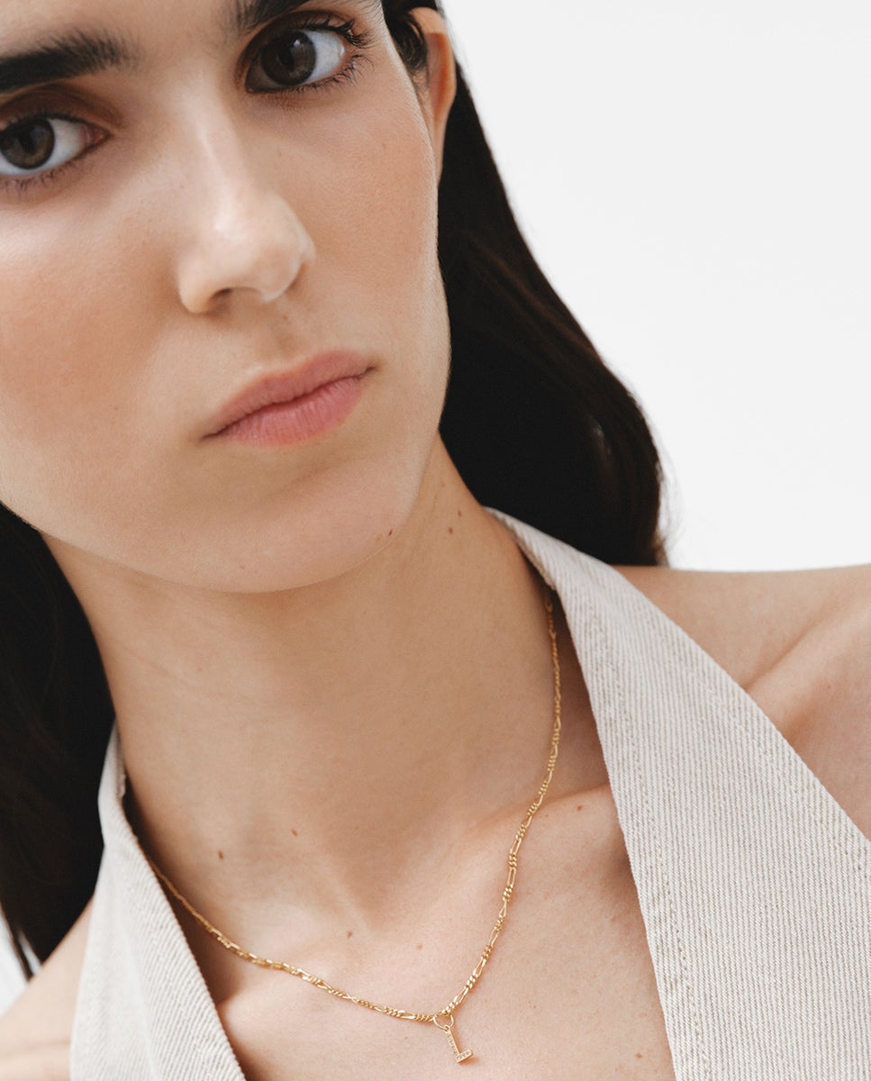Charm de plata 925 bañada en oro amarillo de 18k y topacios blancos inicial l - Aristocrazy - Blanco Blanco-3