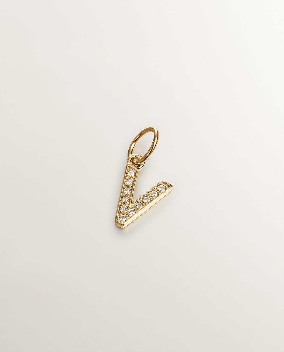 Charm de plata 925 bañada en oro amarillo de 18K y topacios blancos inicial V - Aristocrazy - Blanco Blanco-2