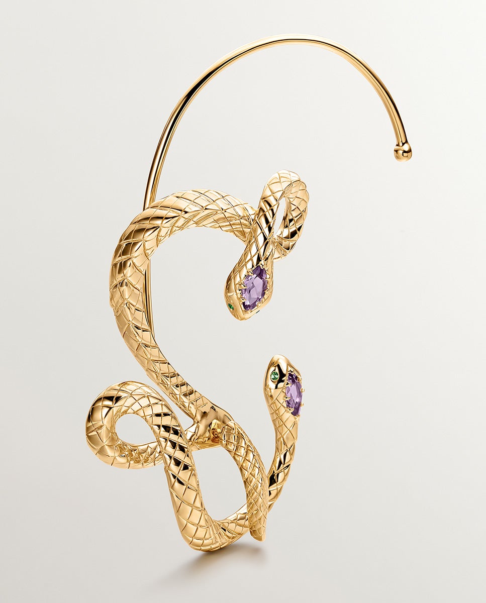 Pendiente grande de plata 925 bañada en oro amarillo de 18k con forma de serpiente, amatista y tsavorita