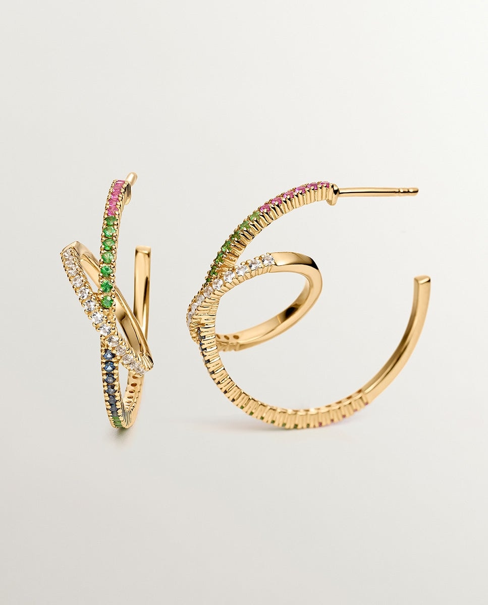 Pendientes doble aro de plata bañada en oro amarillo de 18K con tsavoritas y zafiros multicolor Multicolor-1
