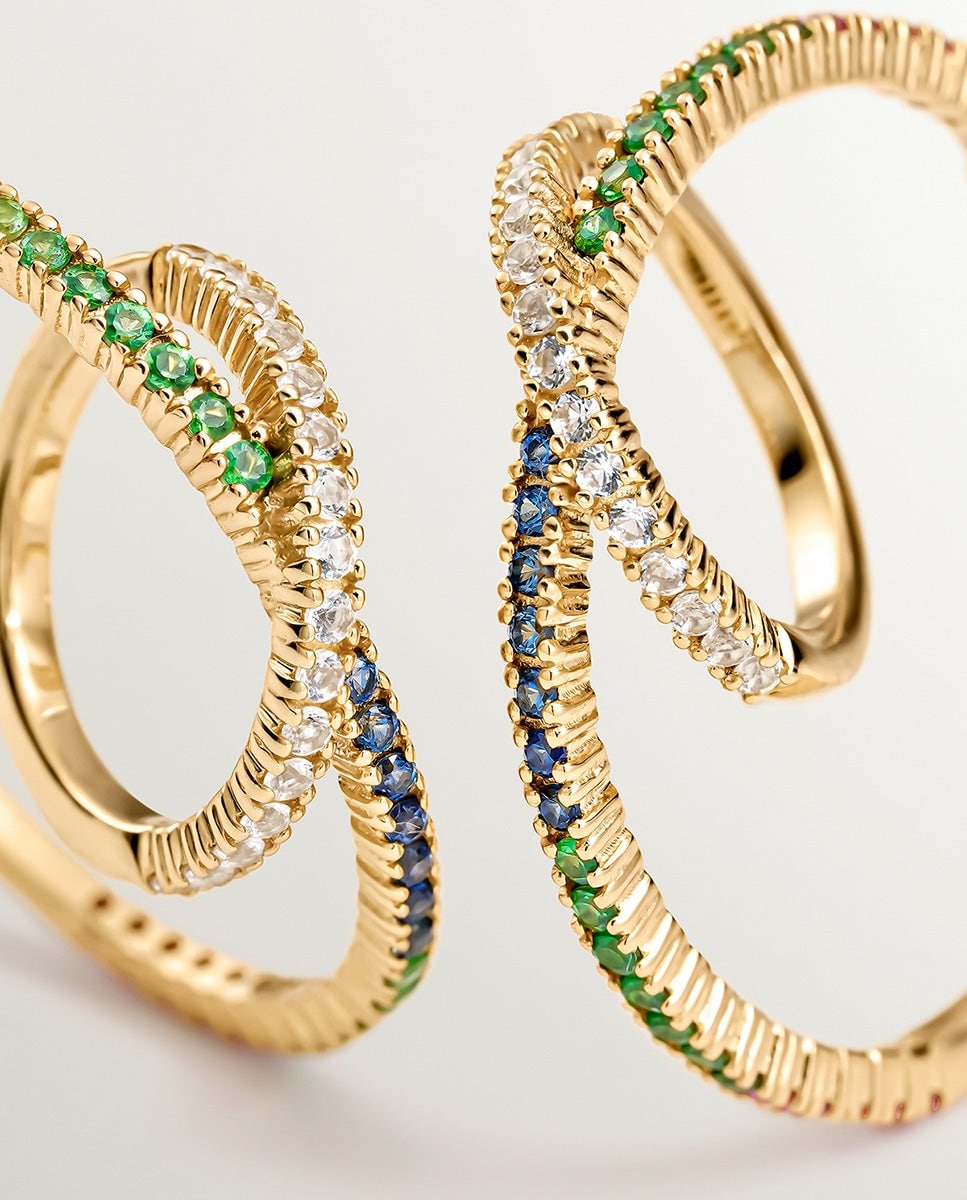 Pendientes doble aro de plata bañada en oro amarillo de 18K con tsavoritas y zafiros multicolor Multicolor-5