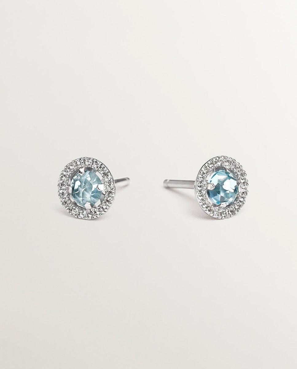 Pendientes de botón de plata 925 cos topacio azul 0,82 cts y orla de zafiros blancos - Aristocrazy - Blanco Blanco-1