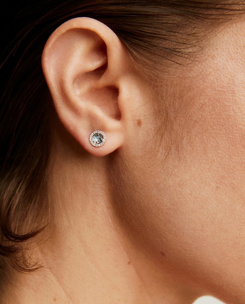 Pendientes de botón de plata 925 cos topacio azul 0,82 cts y orla de zafiros blancos - Aristocrazy - Blanco Blanco-2