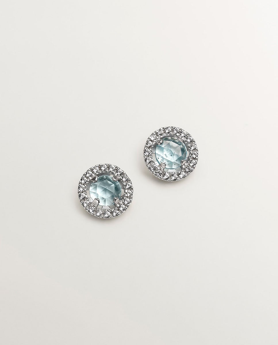 Pendientes de botón de plata 925 cos topacio azul 0,82 cts y orla de zafiros blancos - Aristocrazy - Blanco Blanco-3