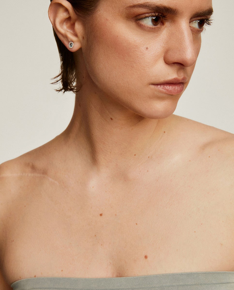 Pendientes de botón de plata 925 cos topacio azul 0,82 cts y orla de zafiros blancos - Aristocrazy - Blanco Blanco-4