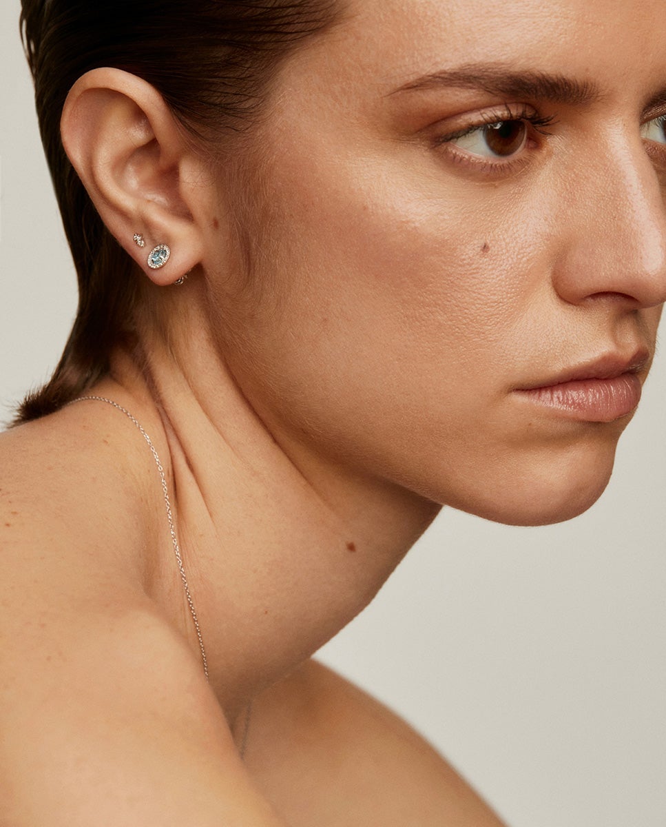 Pendientes de botón de plata 925 cos topacio azul 0,82 cts y orla de zafiros blancos - Aristocrazy - Blanco Blanco-6