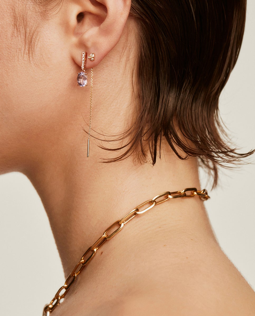 Pendiente individual de oro amarillo de 18k con cadena y diamantes - Aristocrazy - Blanco Blanco-6