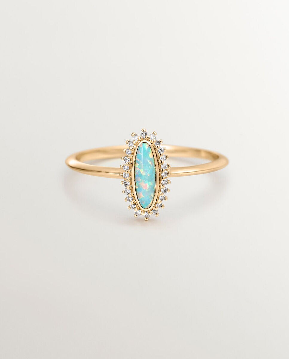 Anel de Ouro Amarelo 18k com Ópalo Turquesa e Diamantes Brancos Azul-3