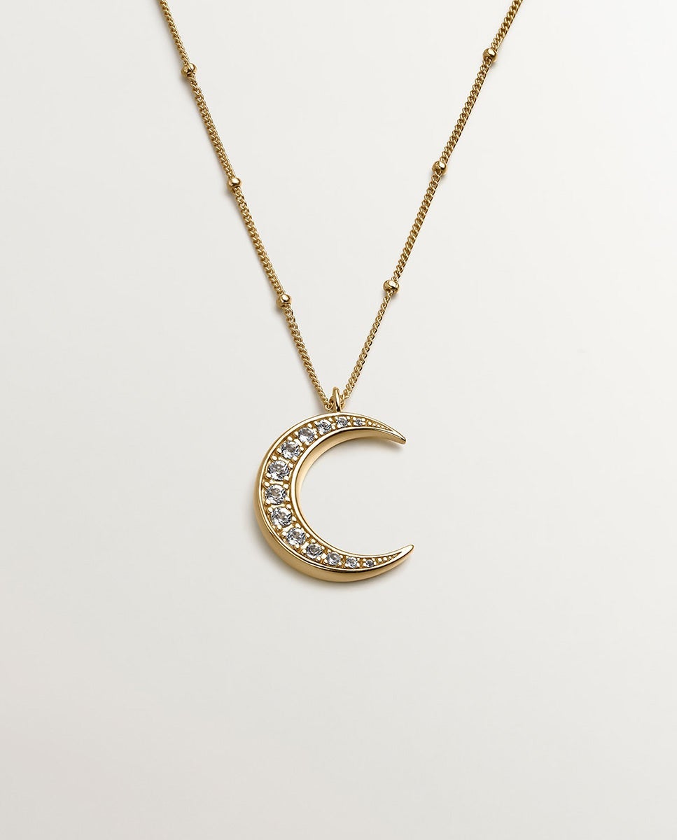 Imagen 0 de Cadena con colgante de plata 925 bañada en oro amarillo de 18k con luna y topacios blancos Blanco