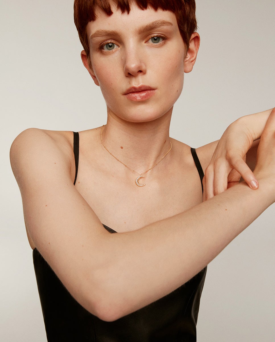 Cadena con colgante de plata 925 bañada en oro amarillo de 18k con luna y topacios blancos - Aristocrazy - Blanco Blanco-4