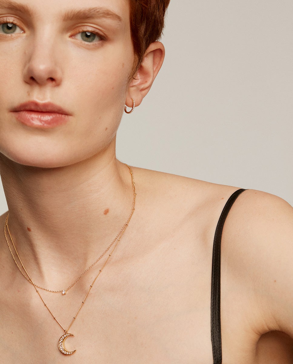 Cadena con colgante de plata 925 bañada en oro amarillo de 18k con luna y topacios blancos - Aristocrazy - Blanco Blanco-6
