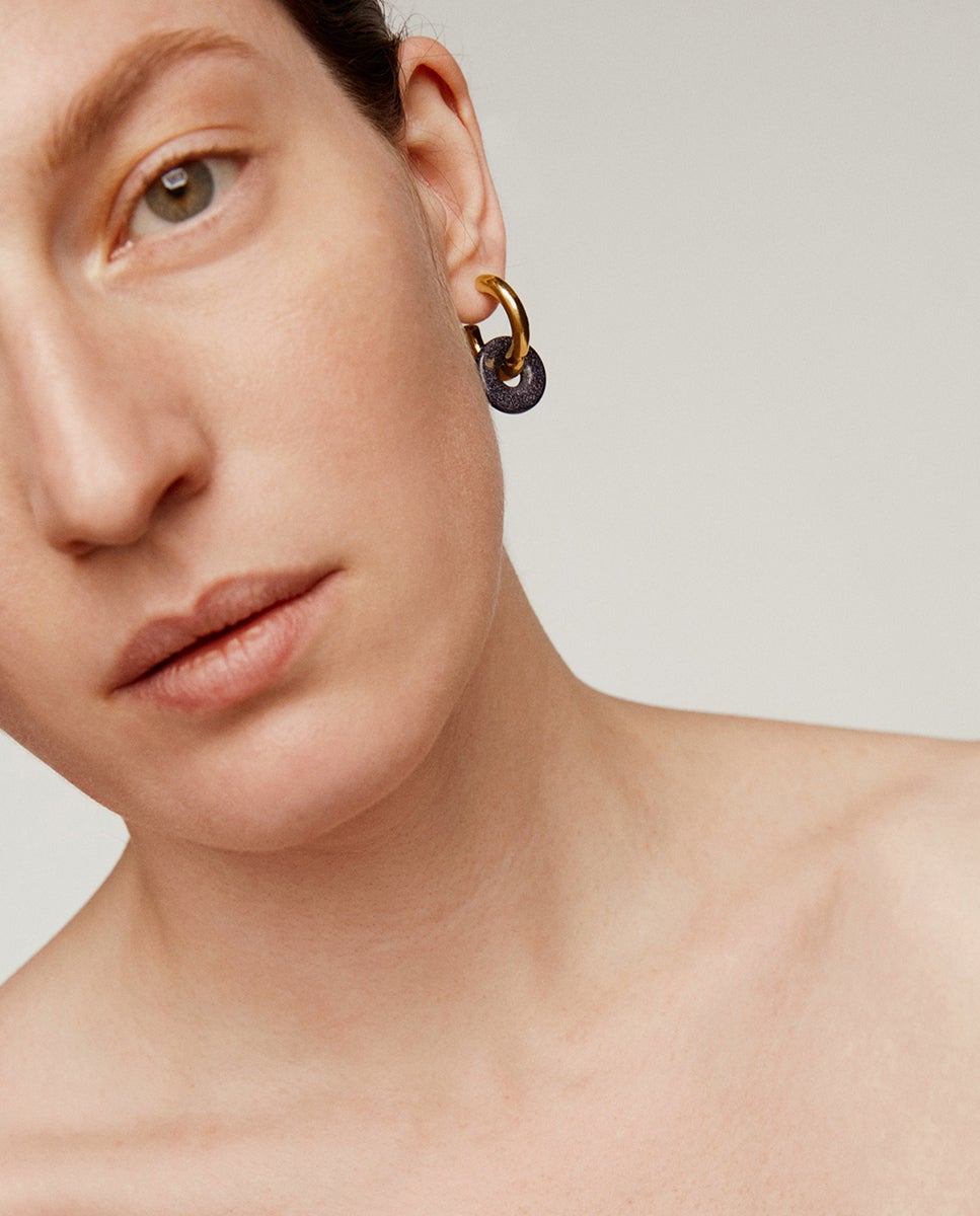 Pendientes de aro de plata 925 bañada en oro amarillo de 18k con arenisca - Aristocrazy - Azul Azul-2