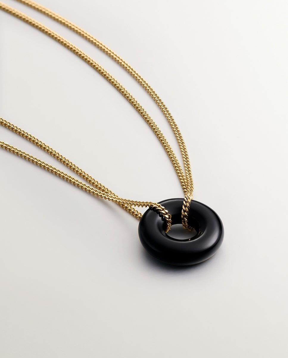 Colar de Prata Banhada em Ouro de 18K com Ónix Preto Preto-3