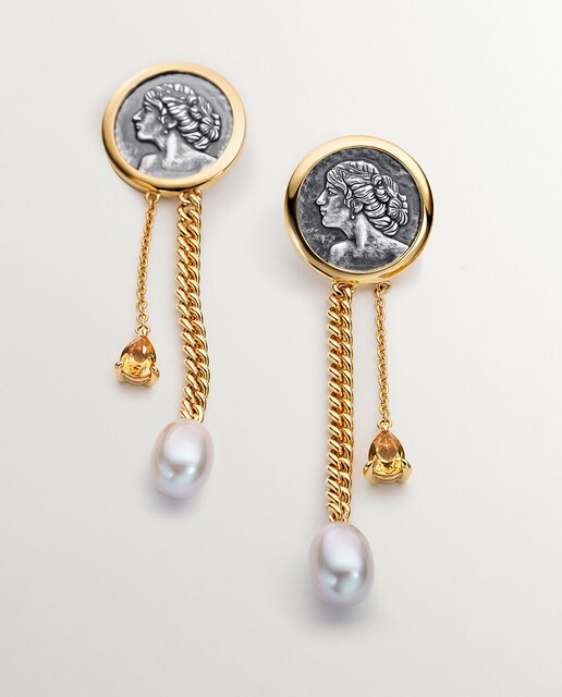 Imagen 0 de Pendientes Maharajá de plata bañada en oro amarillo de 18K con perlas y citrinos