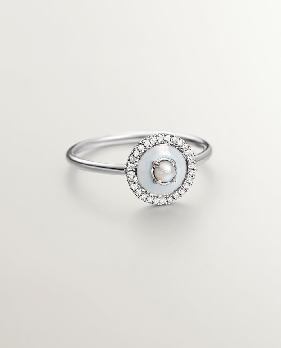 Anillo de plata y oro blanco de 18K con perla blanca diamantes blancos y esmalte gris Blanco-3