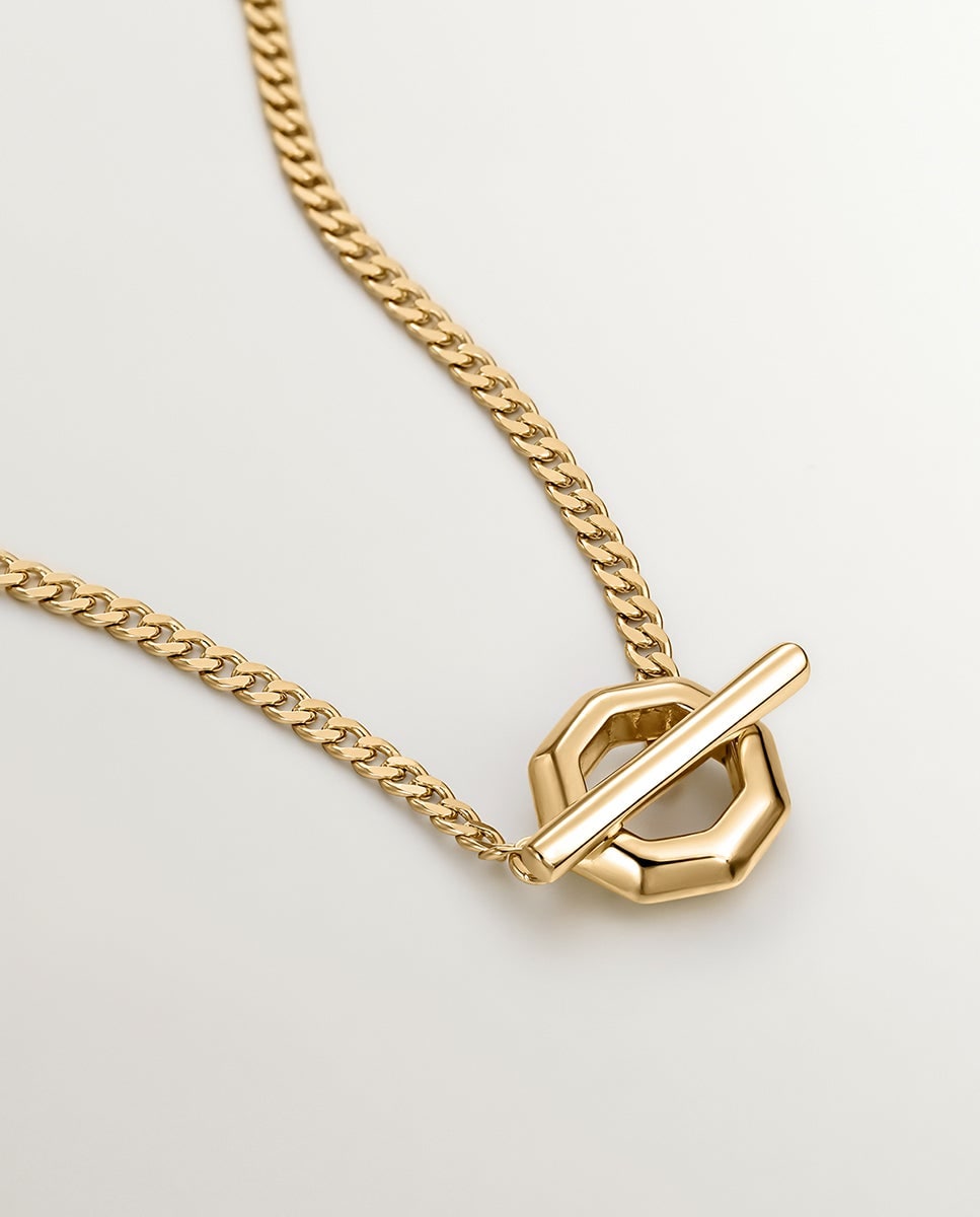 Collar de plata bañada en oro amarillo de 18K de eslabones rolo con cierre frontal geométrico Amarillo-3