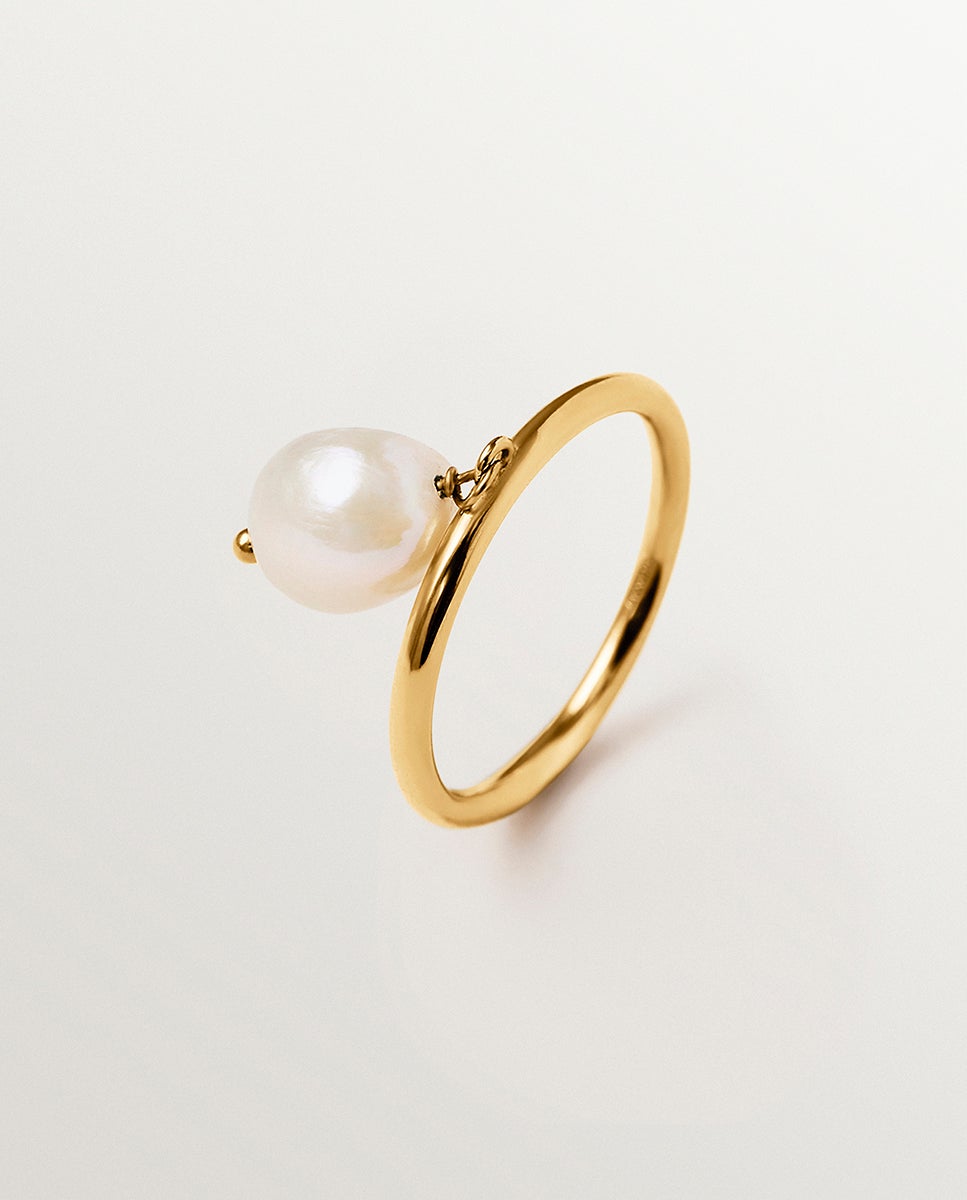 Anillo  con perla colgante de plata 925 bañada en oro de 18k