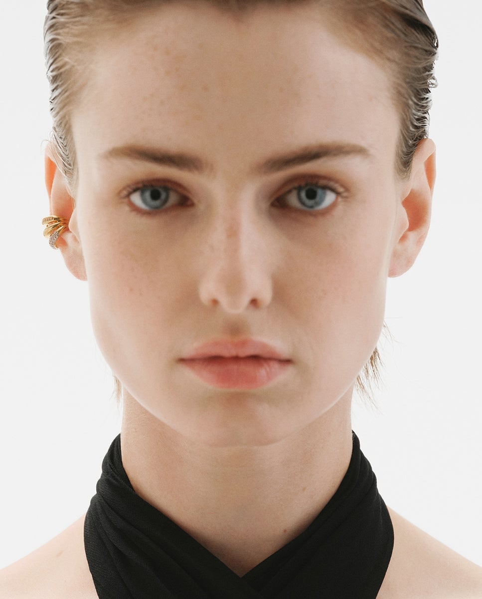 Pendiente earcuff individual de plata 925 bañada en rodio y oro amarillo de 18K con pavé de zafiros Blanco-2