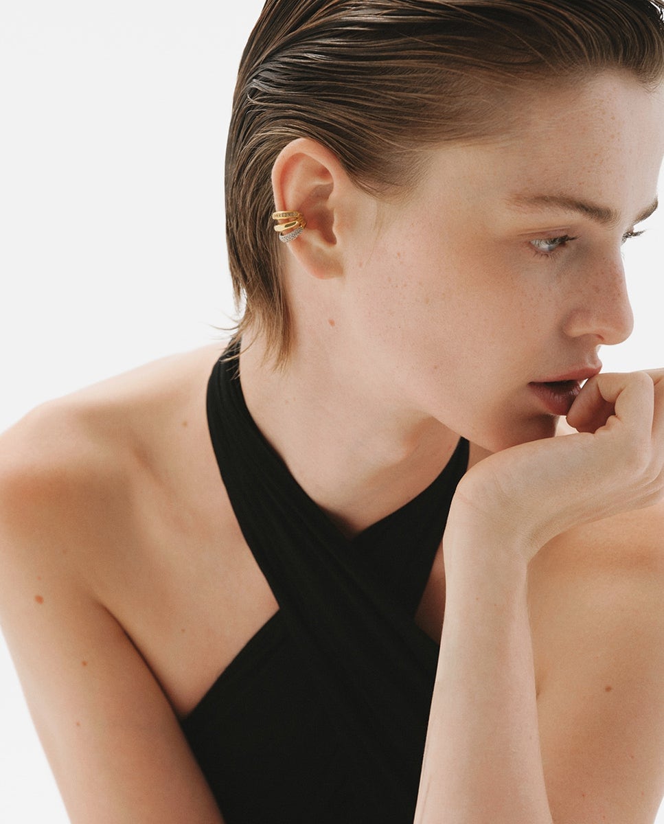 Pendiente earcuff individual de plata 925 bañada en rodio y oro amarillo de 18K con pavé de zafiros Blanco-4