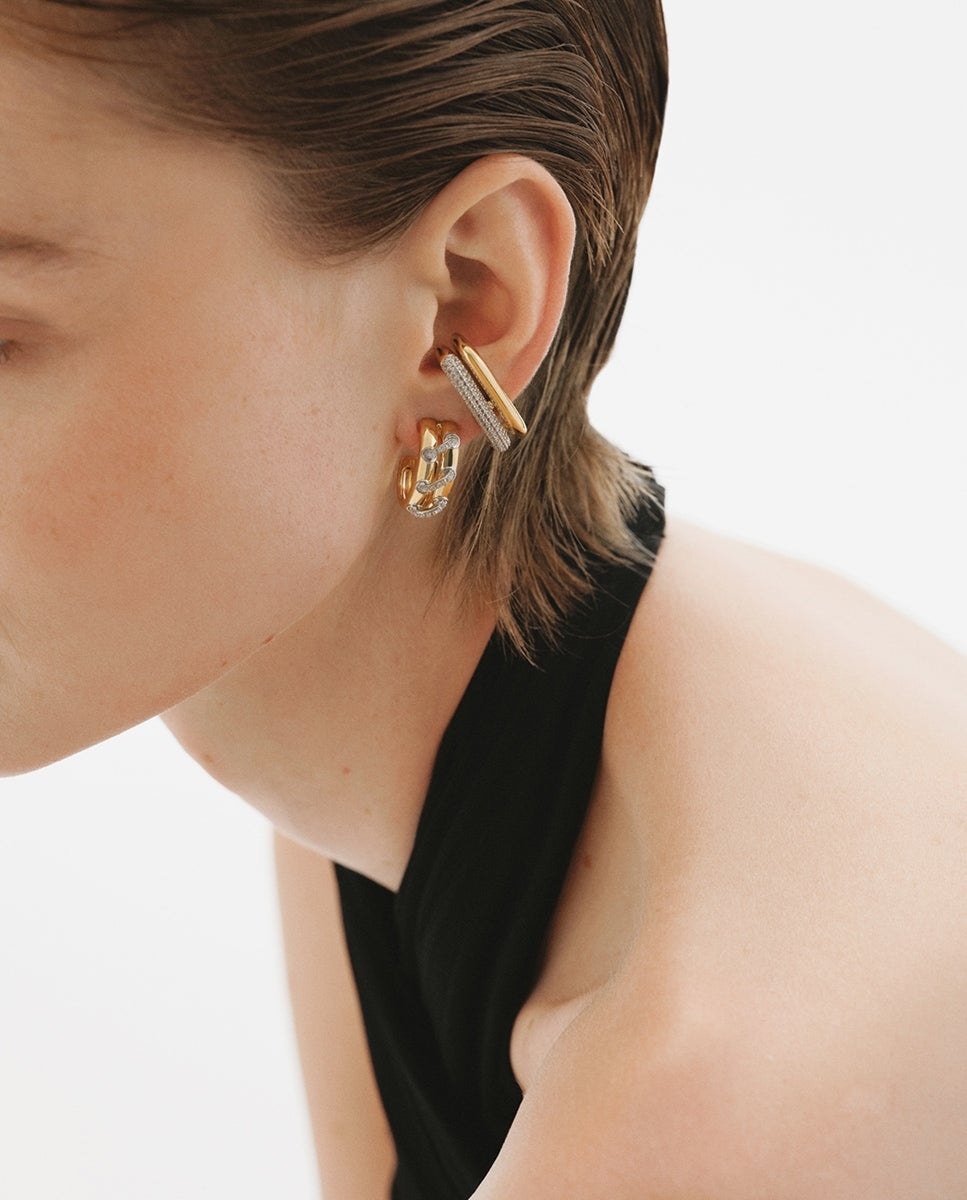 Pendiente earcuff individual de plata 925 bañada en rodio y oro amarillo de 18K con pavé de zafiros Blanco-5