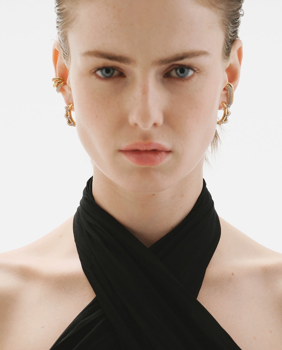 Pendiente earcuff individual de plata 925 bañada en rodio y oro amarillo de 18K con pavé de zafiros Blanco-6